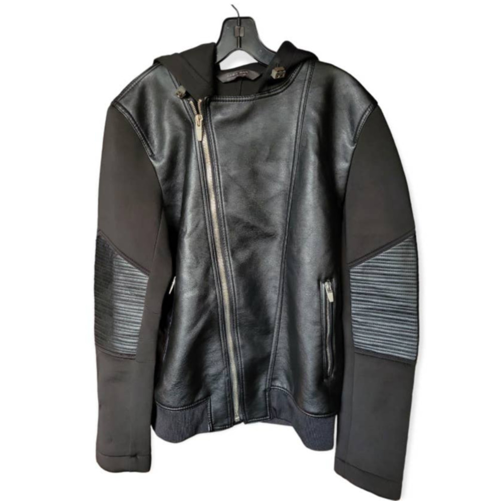 Zara Man Faux Leather Moto Style Hooded Jacket Black Size Large